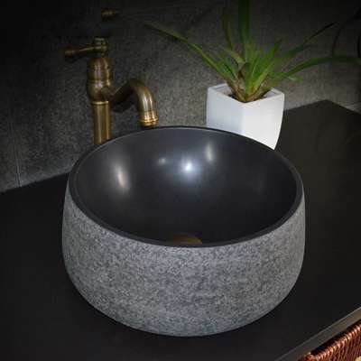 Indoor Polished Black Stone Round Bathroom Sink