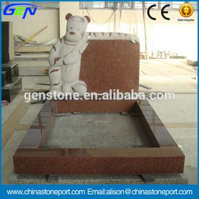 Baby Tombstone Indian Red Granite Monuments With Bear Carving